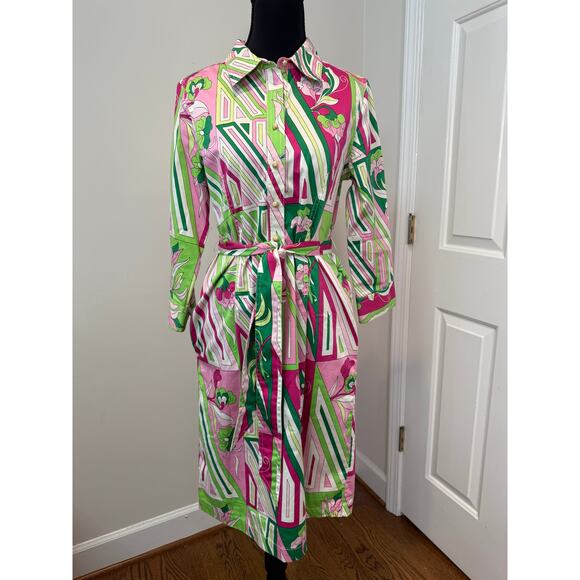 Talbot's Dresses & Skirts - Talbot's Geometric/Floral Print Midi Cotton Shirt Dress in Pink and Green